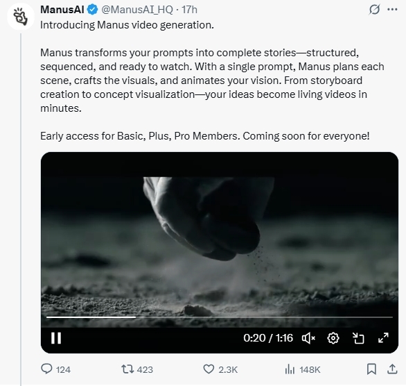 Manus推出“文生视频”功能，挑战OpenAI等竞争对手